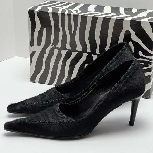💖Italian Black Genuine Fur Leather Heels by Work In Progress Size 7 - Picture 3 of 10